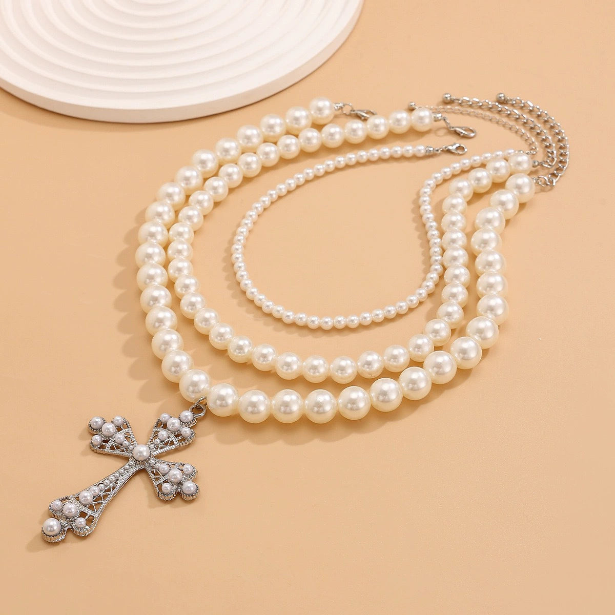 Chanel-Inspired Layered Pearl Cross Necklace - Sweet Elegant Style