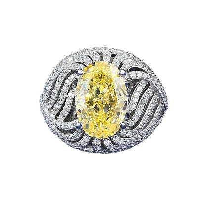925 Silver 8x12mm Vibrant Yellow CZ Ring - Egg Shape, Ice Flower Cut, Niche Style