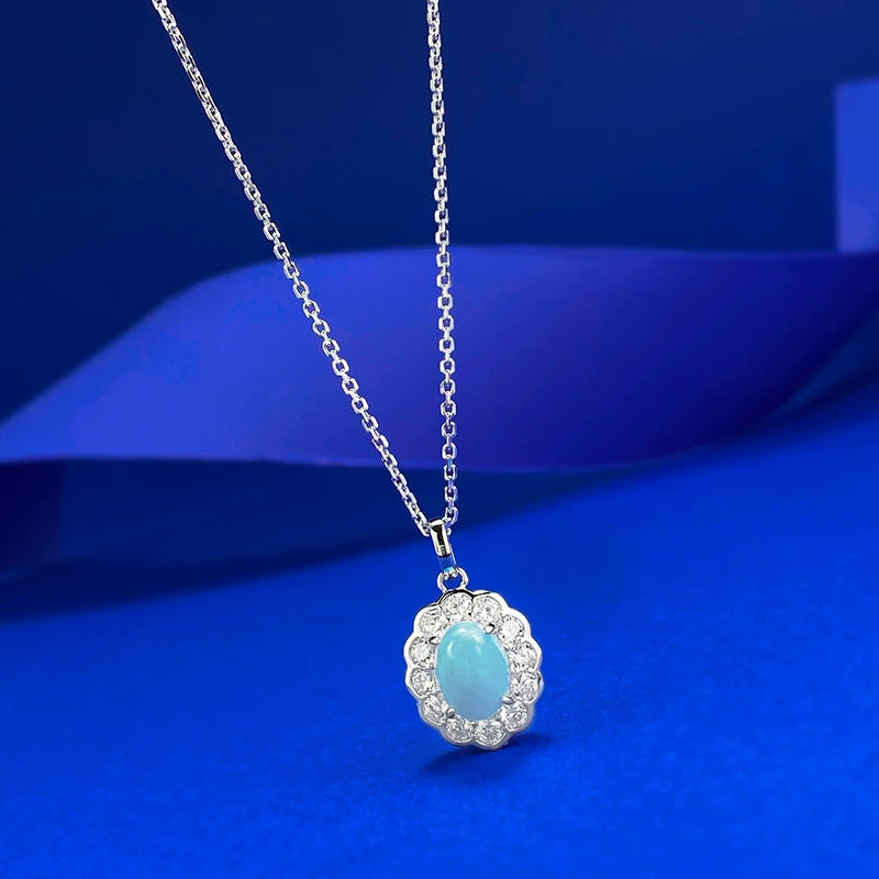 S925 Silver 6*9mm Oval Blue Sea Sediment Stone Pendant - Ricady Jewel Sweet Romantic Style