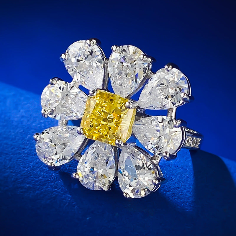 Cluster Wedding Ring | S925 Silver 6*6 Yellow Diamond Imported High Carbon Diamond