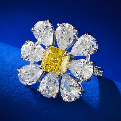 Cluster Wedding Ring | S925 Silver 6*6 Yellow Diamond Imported High Carbon Diamond