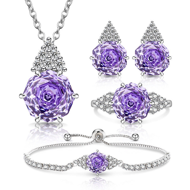 Rose Cut Jewelry Set: Sparkling High Carbon Diamond Ring Earrings Necklace Pendant Bracelet