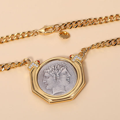 Janus Two-Faced Ancient Coin Pendant Necklace in 925 Sterling Silver