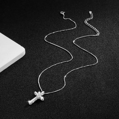 925 Sterling Silver Diamond Cross Necklace - European Fashion Style