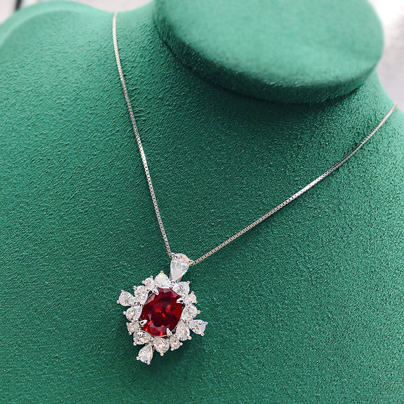 925 Sterling Silver Pigeon Blood Ruby Necklace - 8x10mm Oval Halo, Vintage Style
