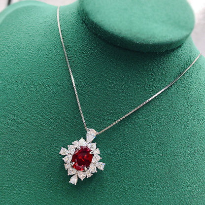 925 Sterling Silver Pigeon Blood Ruby Necklace - 8x10mm Oval Halo, Vintage Style