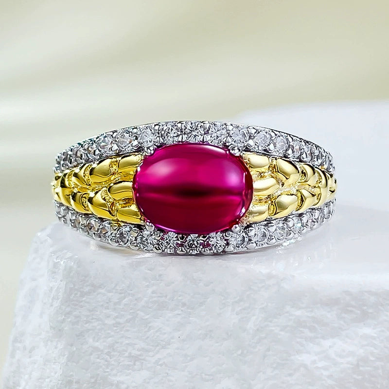 925 Silver Gold-Plated Pigeon Blood Ring | 6*8mm Cabochon, Old Money Vibe