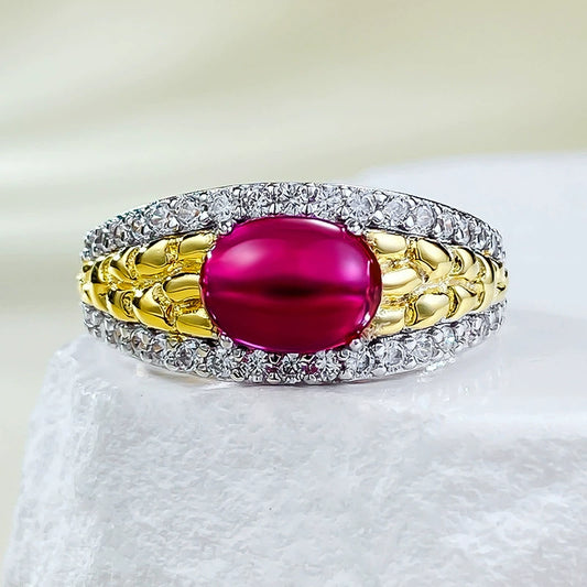 925 Silver Gold-Plated Pigeon Blood Ring | 6*8mm Cabochon, Old Money Vibe