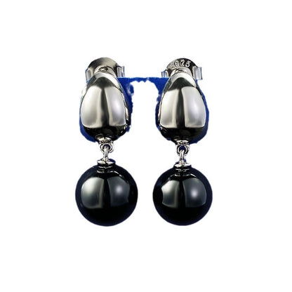 S925 Silver Earrings with 10mm Black Agate & Pearl, Gold-Plated, Minimalist Fashion