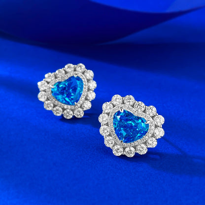 S925 Silver Heart Earrings, Micro-Inlaid Aquamarine & High Carbon Diamond