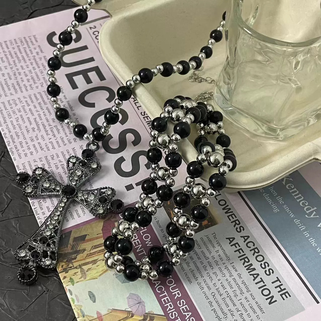 Layered Beaded Cross Choker Necklace - Sweet & Cool Style