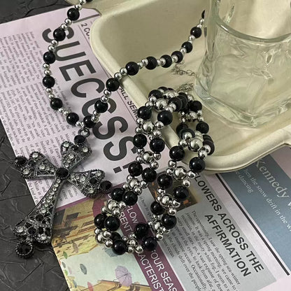 Layered Beaded Cross Choker Necklace - Sweet & Cool Style
