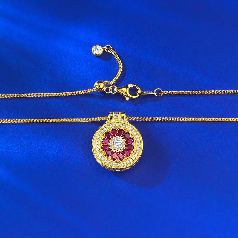 S925 Silver Chinese Compass Necklace, Double-Sided Lucky Charm, Gold Chain