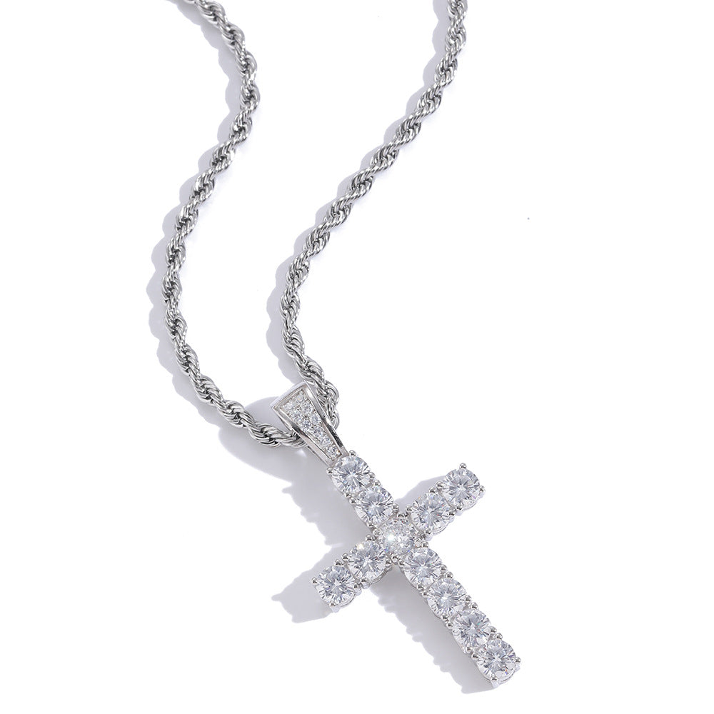 Diamond Cross Pendant Necklace in 925 Sterling Silver - Hip Hop Style