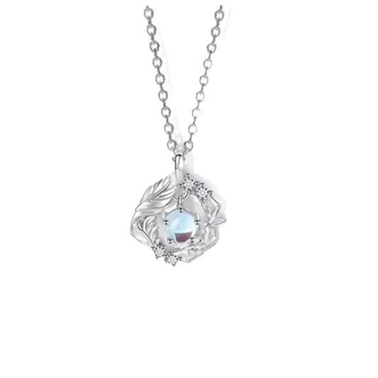 S925 Sterling Silver Eucalyptus & Bird Necklace for Women, Dainty Moonstone Pendant, Minimalist Delicate Collar Chain