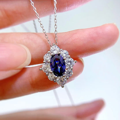 925 Silver Necklace with Sapphire Flower Pendant | 40+3cm Geometric Design