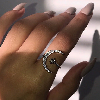 Ricady Jewel Crescent Moon & Star Ring - Light Luxury Open Engagement Band