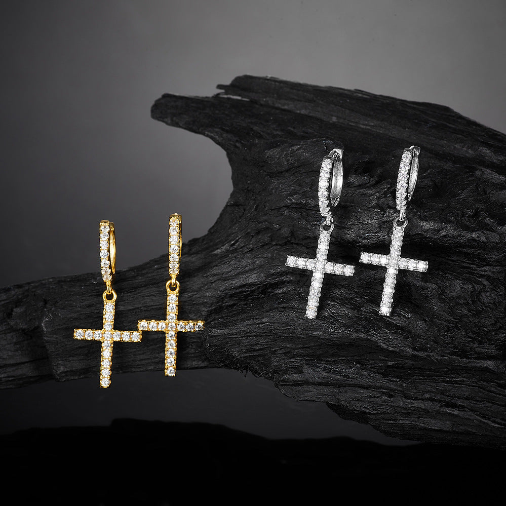 S925 Silver Plated 18K Gold Cross Earrings with Moissanite - Stylish Dainty Earrings