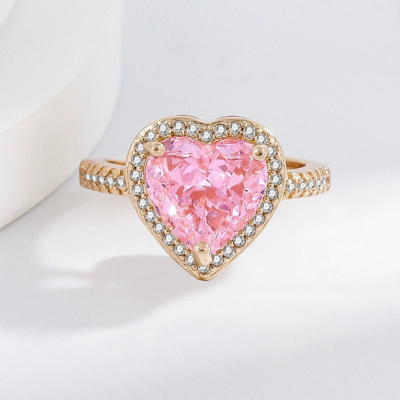 Pink Diamond Heart Zircon 4-Piece Jewelry Set: Bracelet, Ring, Necklace & Earrings for Women (Copper Plated Real Gold)