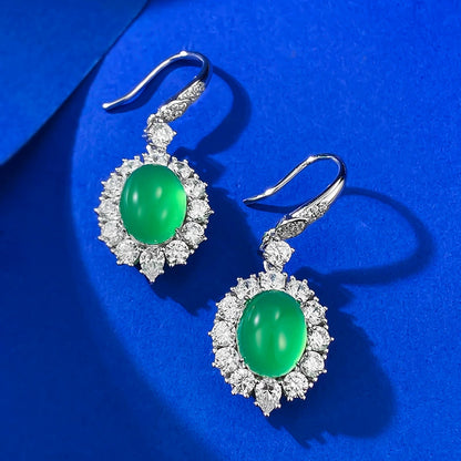 925 Silver Stud Earrings, 8x10mm Simulated Green Chalcedony, Luxury Inlay Design