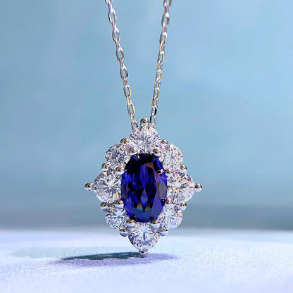 925 Silver Necklace with Sapphire Flower Pendant | 40+3cm Geometric Design