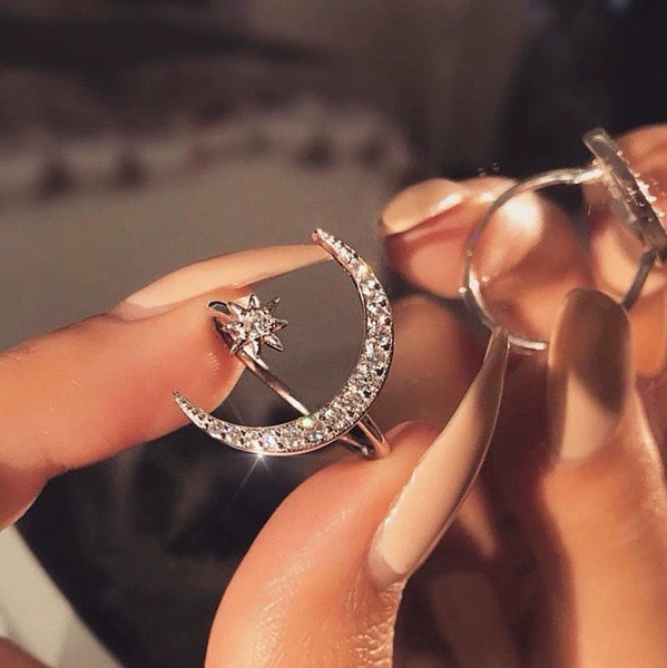 Ricady Jewel Crescent Moon & Star Ring - Light Luxury Open Engagement Band