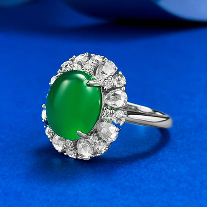 925 Silver Plated 10*12mm Green Chalcedony Cabochon Ring - Elegant Style