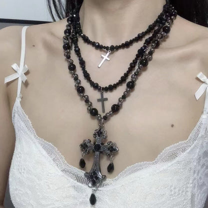 Layered Beaded Cross Choker Necklace - Sweet & Cool Style