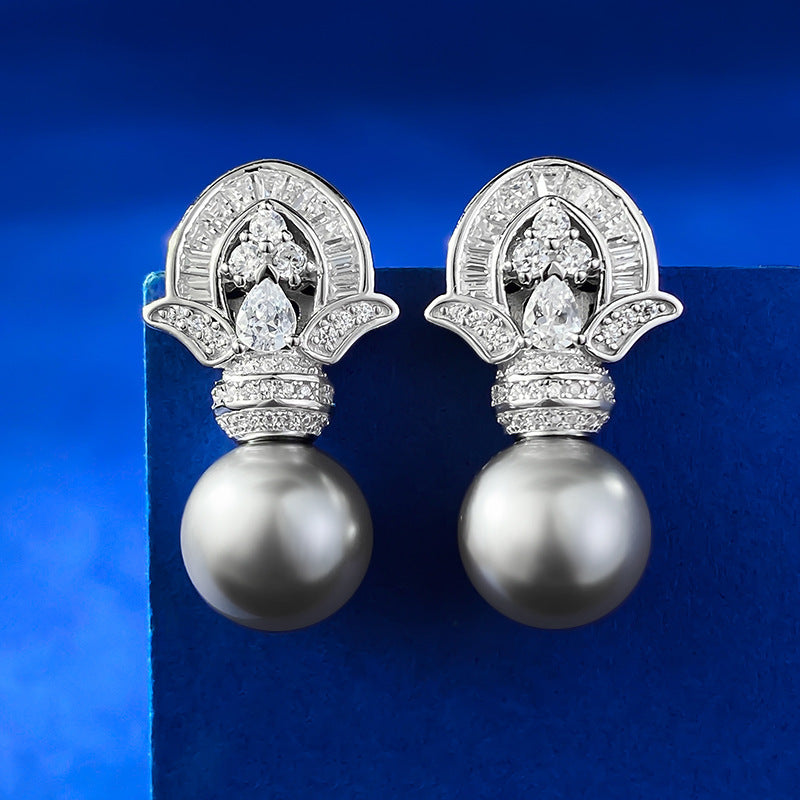 Chic Vintage 925 Silver 11mm Gray Cultured Pearl Earrings