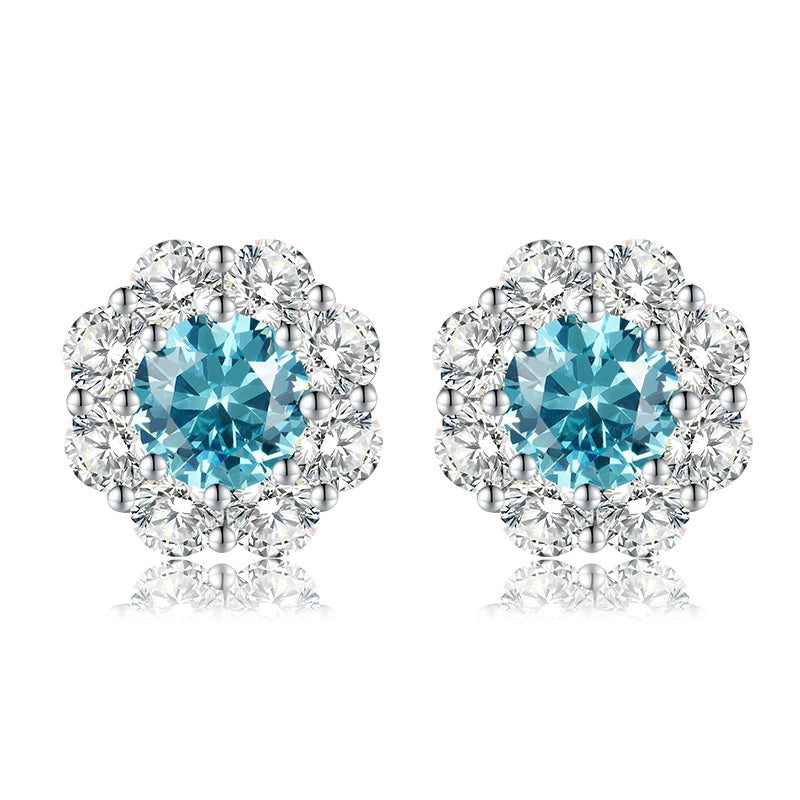 Round Aquamarine Flower Cluster Stud Earrings in Sterling Silver for Women — Ocean Elegance