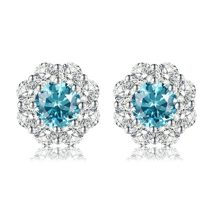 Round Aquamarine Flower Cluster Stud Earrings in Sterling Silver for Women — Ocean Elegance