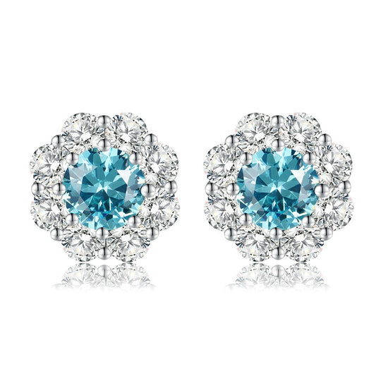 Round Aquamarine Flower Cluster Stud Earrings in Sterling Silver for Women — Ocean Elegance