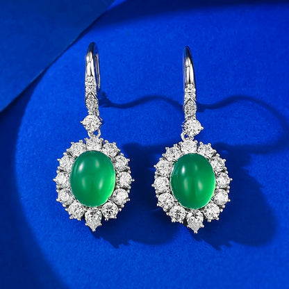 925 Silver Stud Earrings, 8x10mm Simulated Green Chalcedony, Luxury Inlay Design