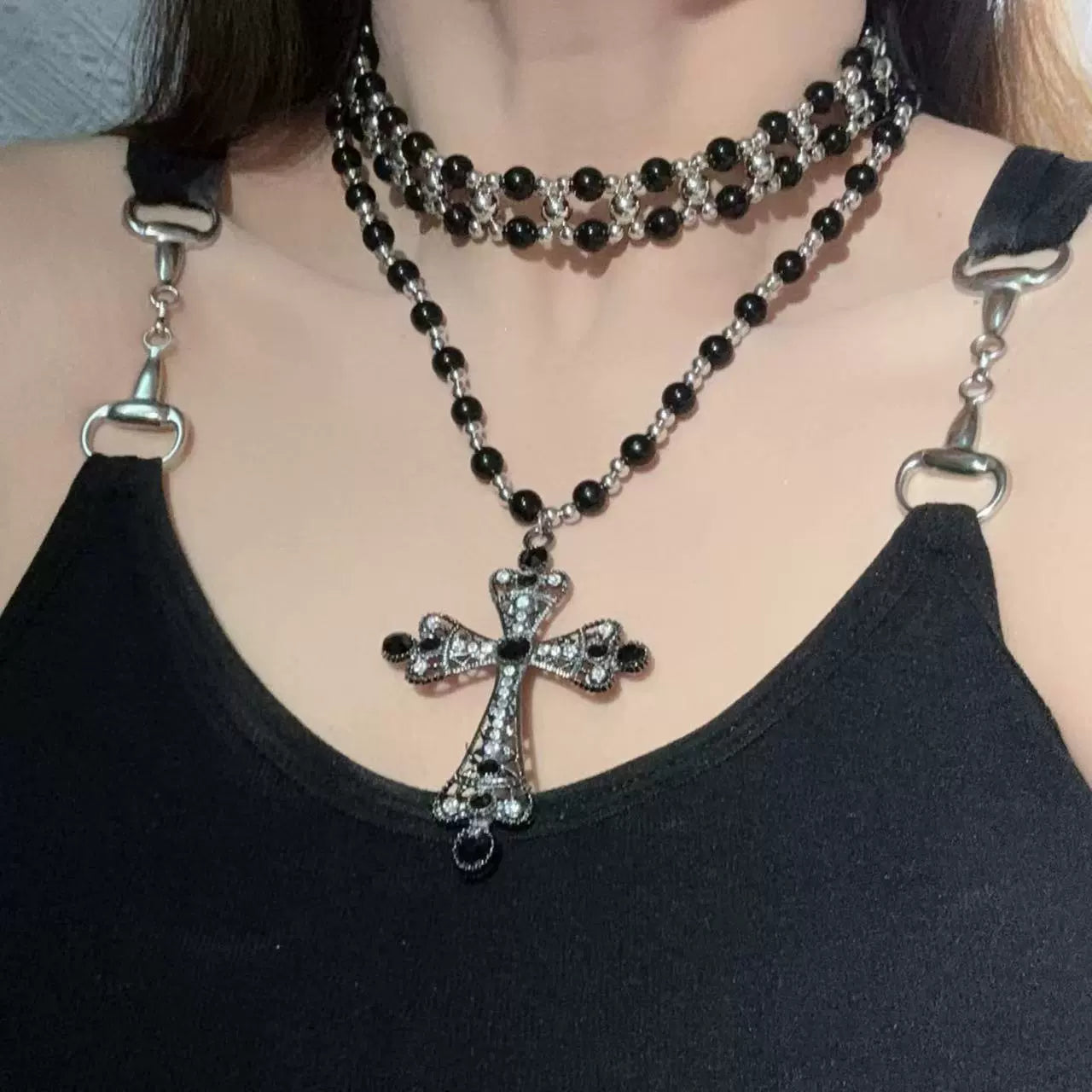 Layered Beaded Cross Choker Necklace - Sweet & Cool Style