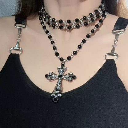 Layered Beaded Cross Choker Necklace - Sweet & Cool Style