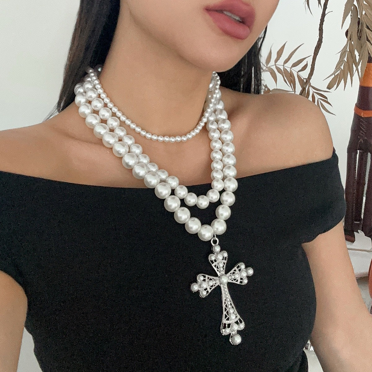 Chanel-Inspired Layered Pearl Cross Necklace - Sweet Elegant Style