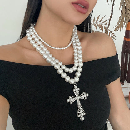 Chanel-Inspired Layered Pearl Cross Necklace - Sweet Elegant Style