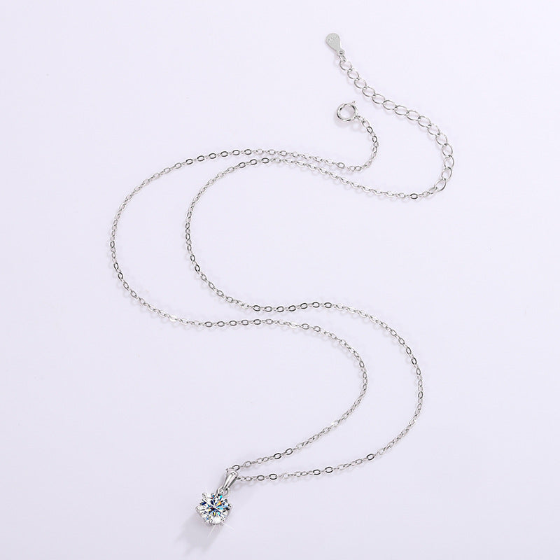 Carat Moissanite 6-Prong Pendant Necklace - 925 Sterling Silver Simulated Diamond Clavicle Chain for Women