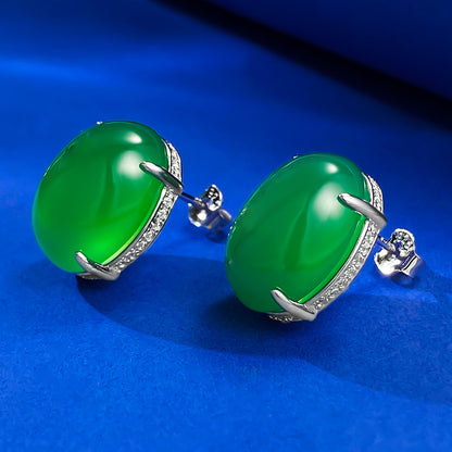 925 Silver Earrings with Full Diamond Inlay, 12*16 Simulated Chalcedony, Luxury Design