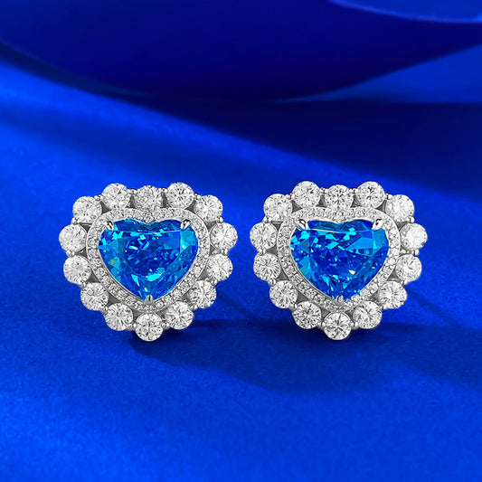 S925 Silver Heart Earrings, Micro-Inlaid Aquamarine & High Carbon Diamond