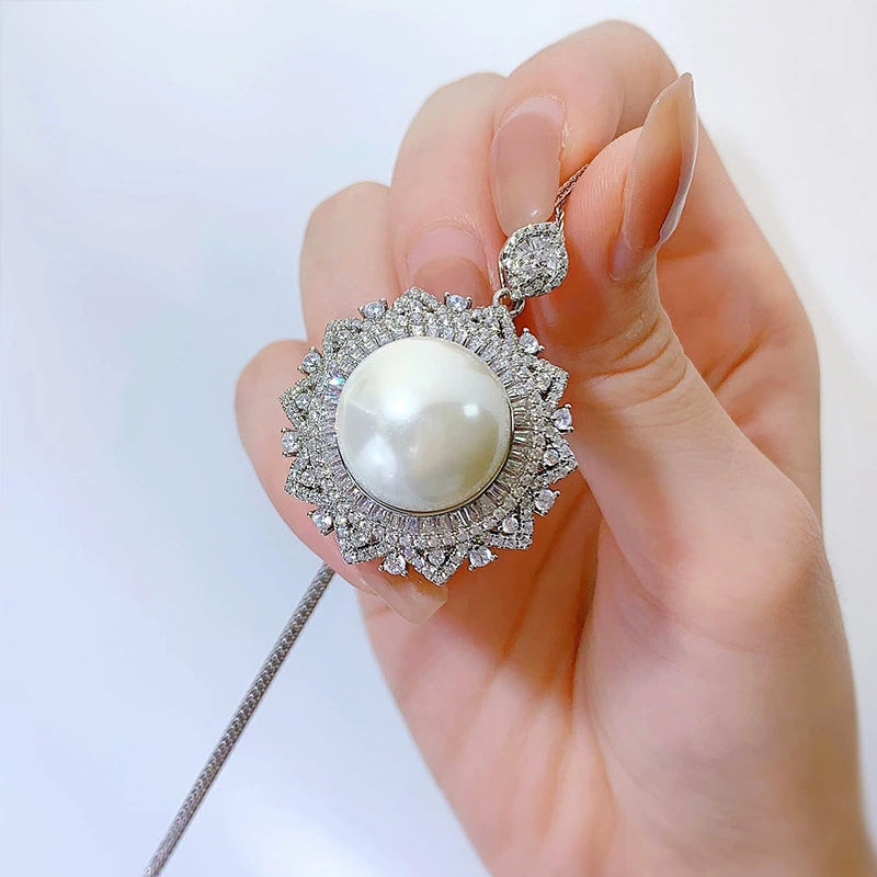 Ricady Jewel 16mm Shell Pearl Necklace - 8ct Pave Sunflower Pendant