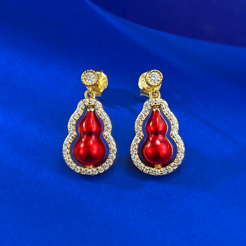 S925 Silver Red Gold Two-Tone Rotatable Double-Sided Gourd Earrings for Women | Luxury Retro Design