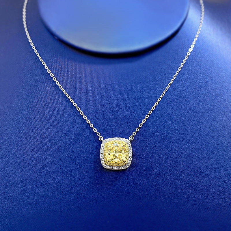 8x8 Cushion Yellow Cubic Zirconia Necklace - Gold Plated, Luxury Micro Set Pendant