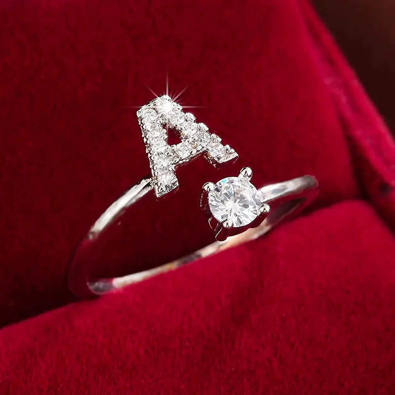 26 Letter Micro-Pave Zircon Ring for Women - 14K Gold Plated Copper Open Plain Band