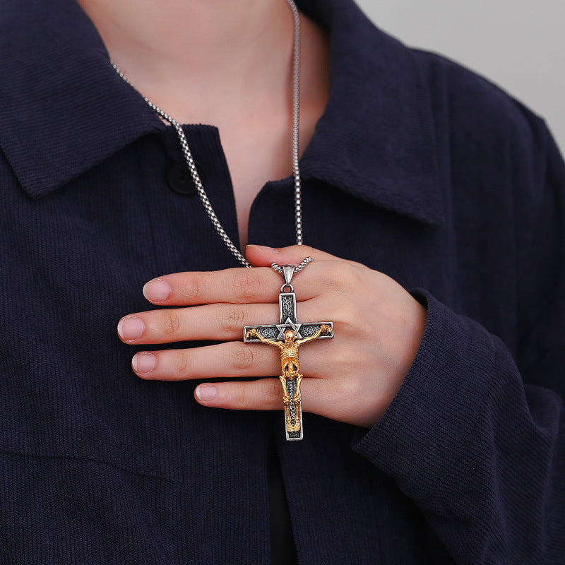 Hip Hop Skull Cross Pendant Necklace in Titanium Steel - Long Chain