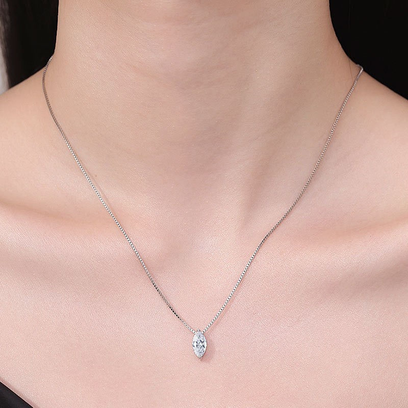 S925 Sterling Silver Marquise Moissanite Necklace - Women's Dainty Rhombus Pendant Box Chain
