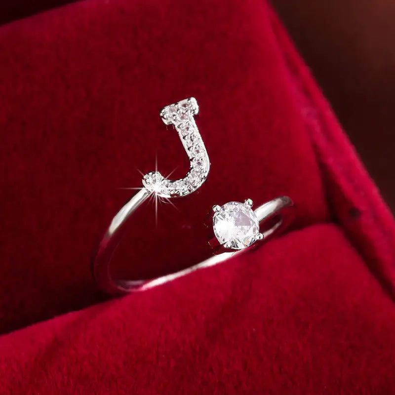 26 Letter Micro-Pave Zircon Ring for Women - 14K Gold Plated Copper Open Plain Band