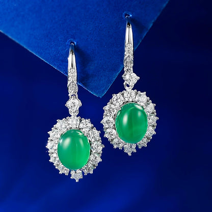 925 Silver Stud Earrings, 8x10mm Simulated Green Chalcedony, Luxury Inlay Design