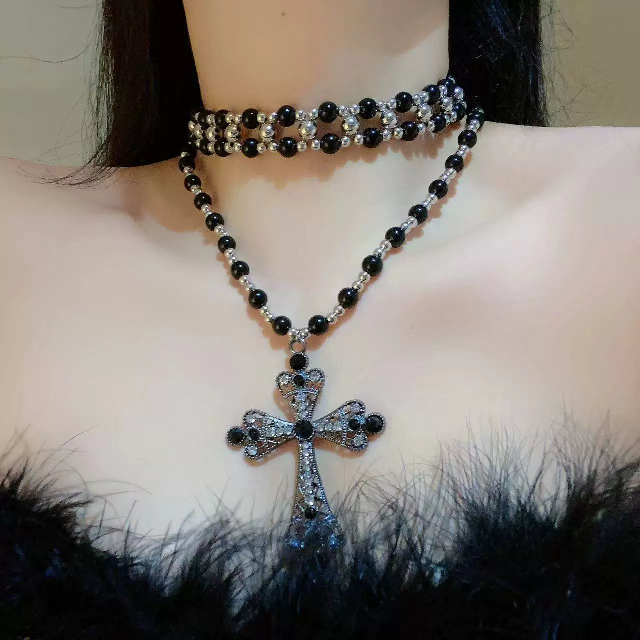 Layered Beaded Cross Choker Necklace - Sweet & Cool Style
