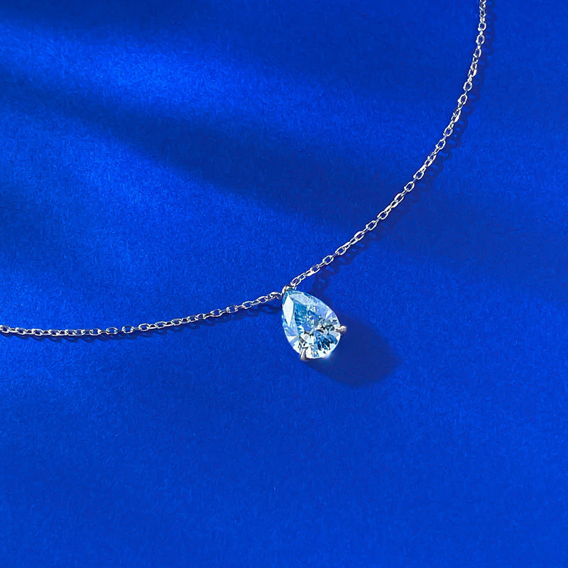 S925 Silver Ocean Blue Pear Pendant Necklace by Ricady - 7x10mm, Adjustable Bead Chain
